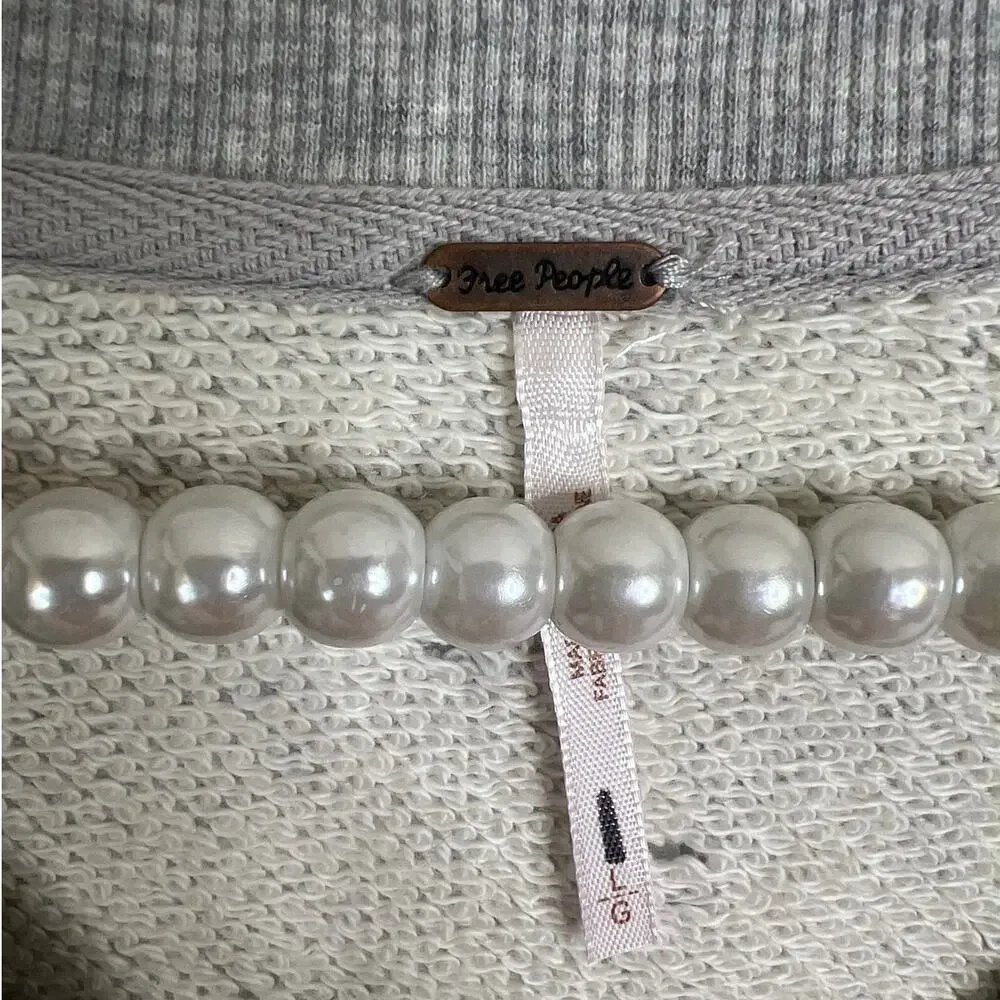 Free People Cropped Gray Sweatshirt with Bead and Lace Applica Size Large - Picture 4 of 7
